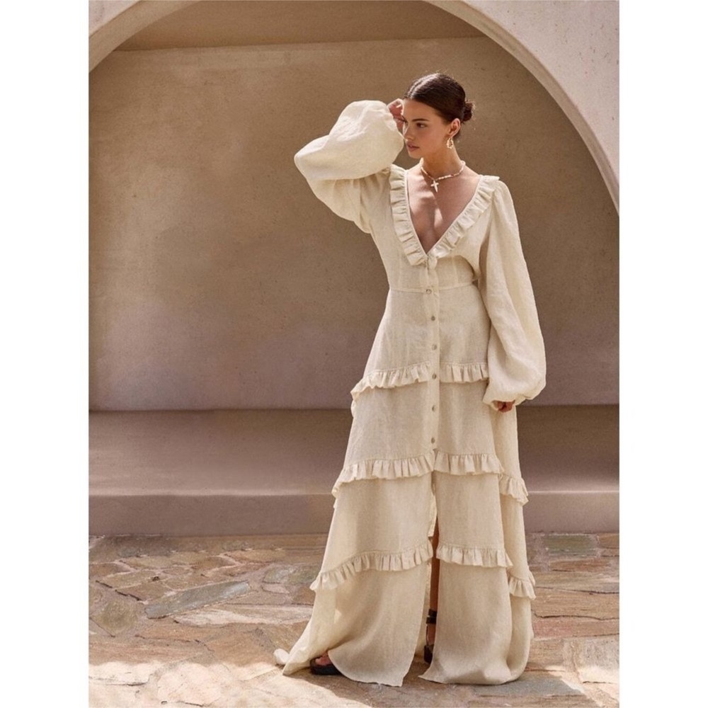 Commense Cotton & Linen Ruffled Maxi Dress Long Sleeve Button Boho Bohemian S - Picture 3 of 4